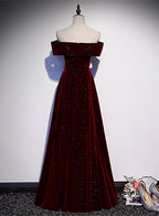 Off Shoulder Wine Red Velvet Long Party Dresses, A-Line Wine Red Formal Evening Dresses