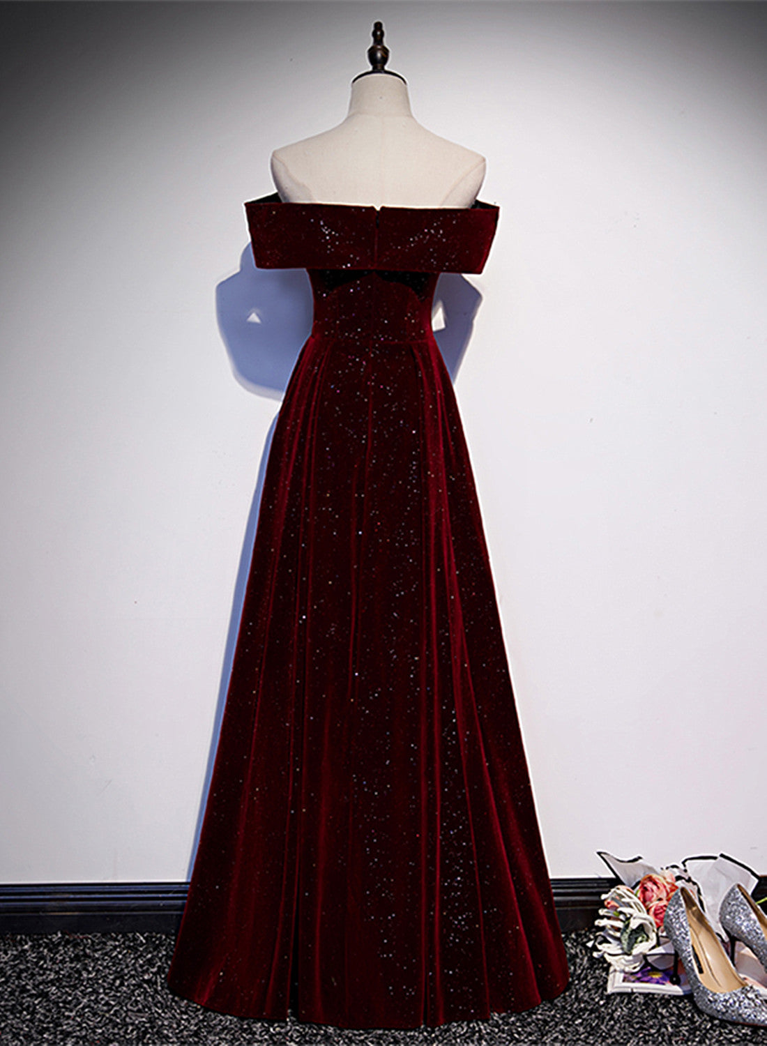 Off Shoulder Wine Red Velvet Long Party Dresses, A-Line Wine Red Formal Evening Dresses