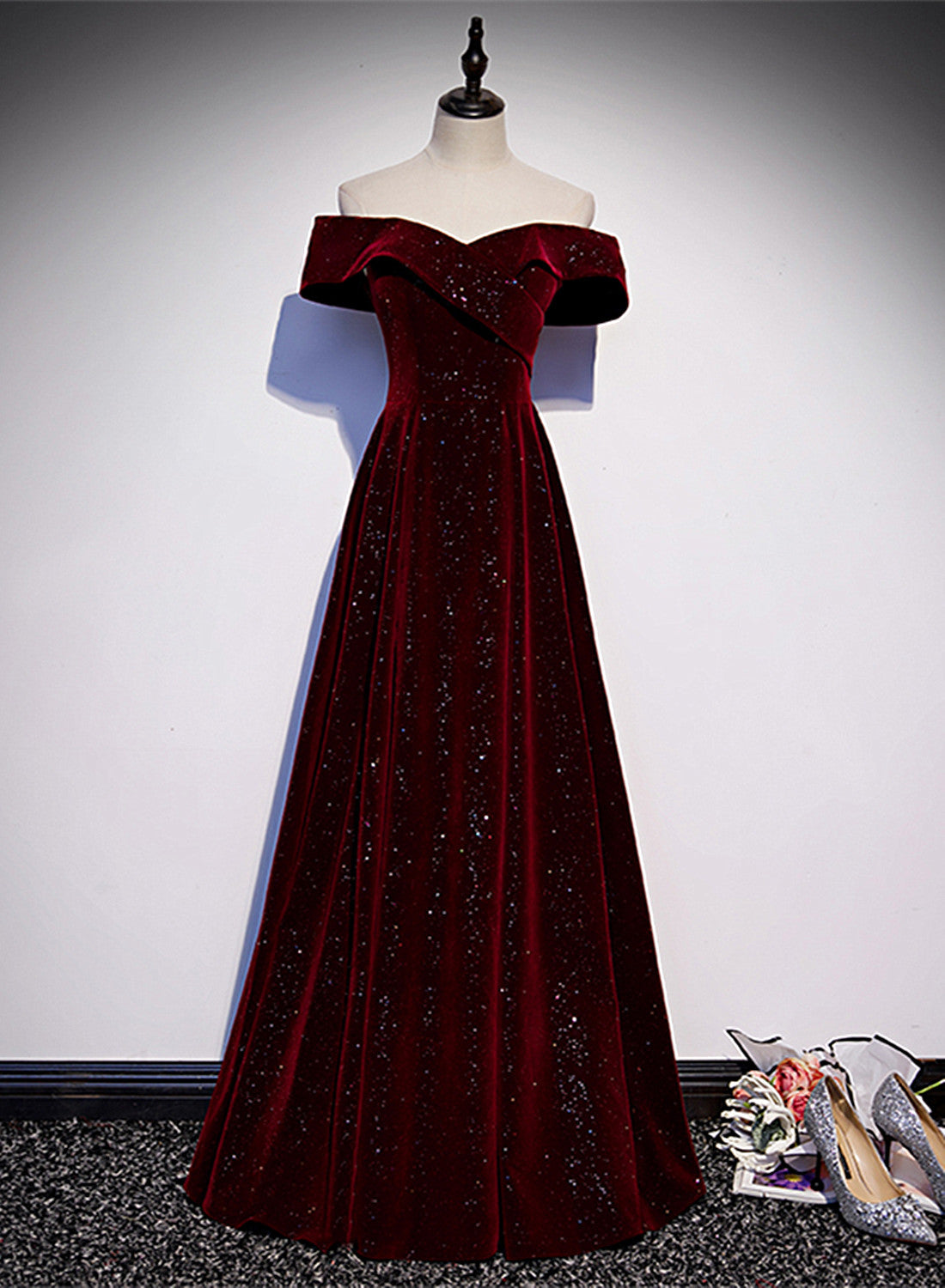 Off Shoulder Wine Red Velvet Long Party Dresses, A-Line Wine Red Formal Evening Dresses Main image