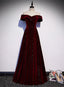 Off Shoulder Wine Red Velvet Long Party Dresses, A-Line Wine Red Formal Evening Dresses