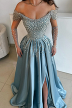 Off The Shoudler Pearls Dusty Blue A-Line Floor Length Prom Dresses
