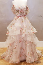 Off the Shoulder A-line Floral Wedding Dress with Ruffle Skirt