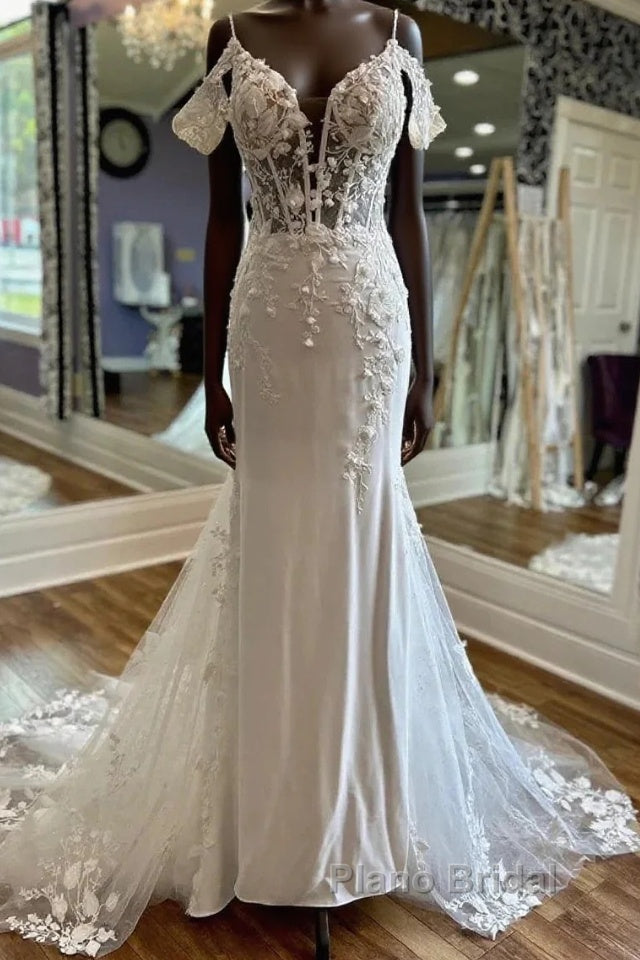 Off-The-Shoulder Appliques Straps Sweeping Long Wedding Dresses