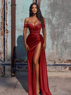 Off The Shoulder Beaded Satin Long Formal Prom Dresses