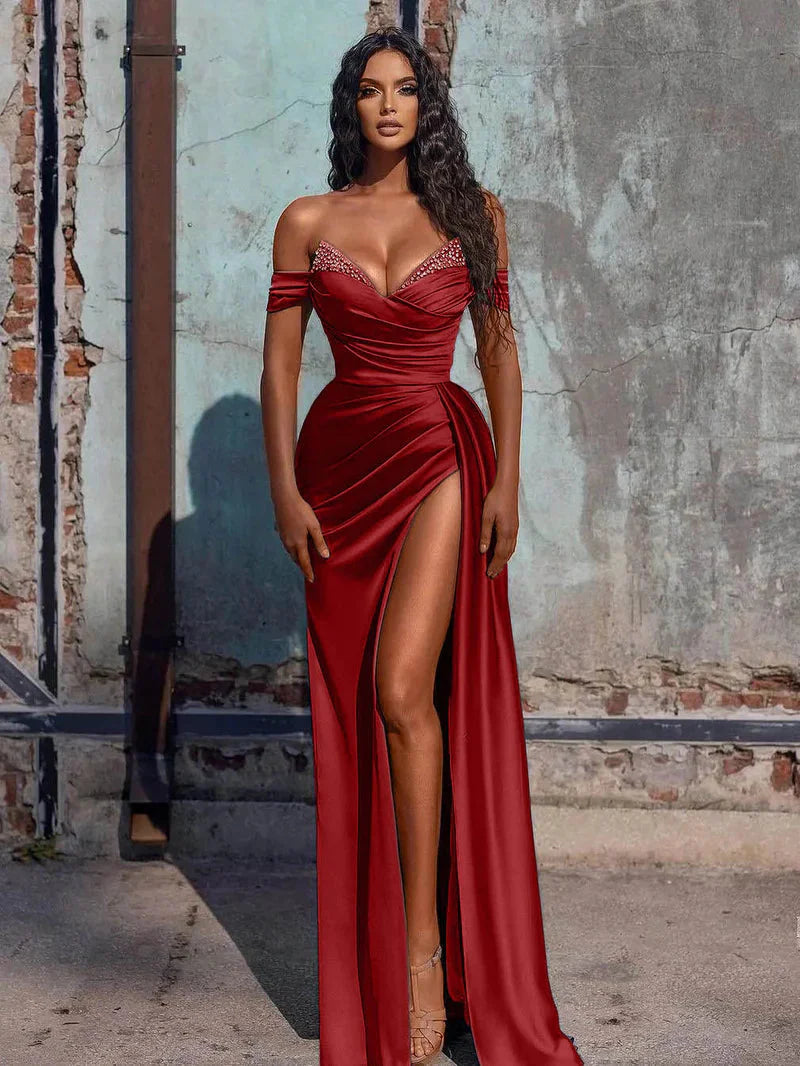 Off The Shoulder Beaded Satin Long Formal Prom Dresses