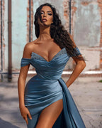 Off The Shoulder Beaded Satin Long Formal Prom Dresses