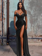 Off The Shoulder Beaded Satin Long Formal Prom Dresses