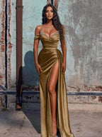 Off The Shoulder Beaded Satin Long Formal Prom Dresses