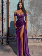 Off The Shoulder Beaded Satin Long Formal Prom Dresses