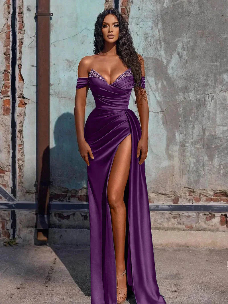 Off The Shoulder Beaded Satin Long Formal Prom Dresses