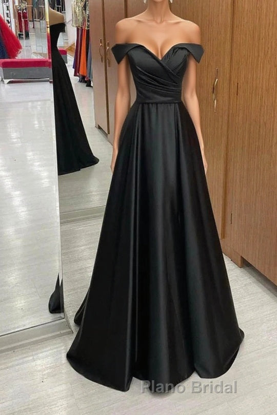 Off the Shoulder Black Satin Long Formal Prom Dresses, Black Off Shoulder Formal Evening Dresses Main image