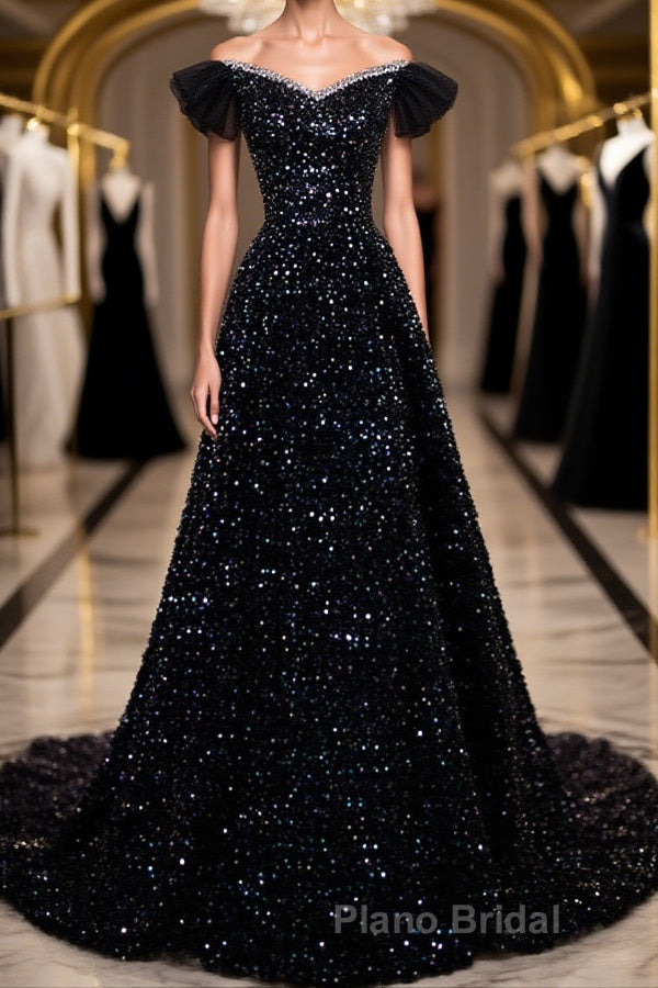 Off the Shoulder Black Sequin Formal Prom Dresses, Black Long Formal Evening Dresses