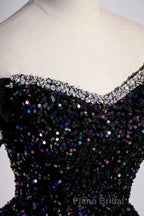 Off the Shoulder Black Sequin Formal Prom Dresses, Black Long Formal Evening Dresses