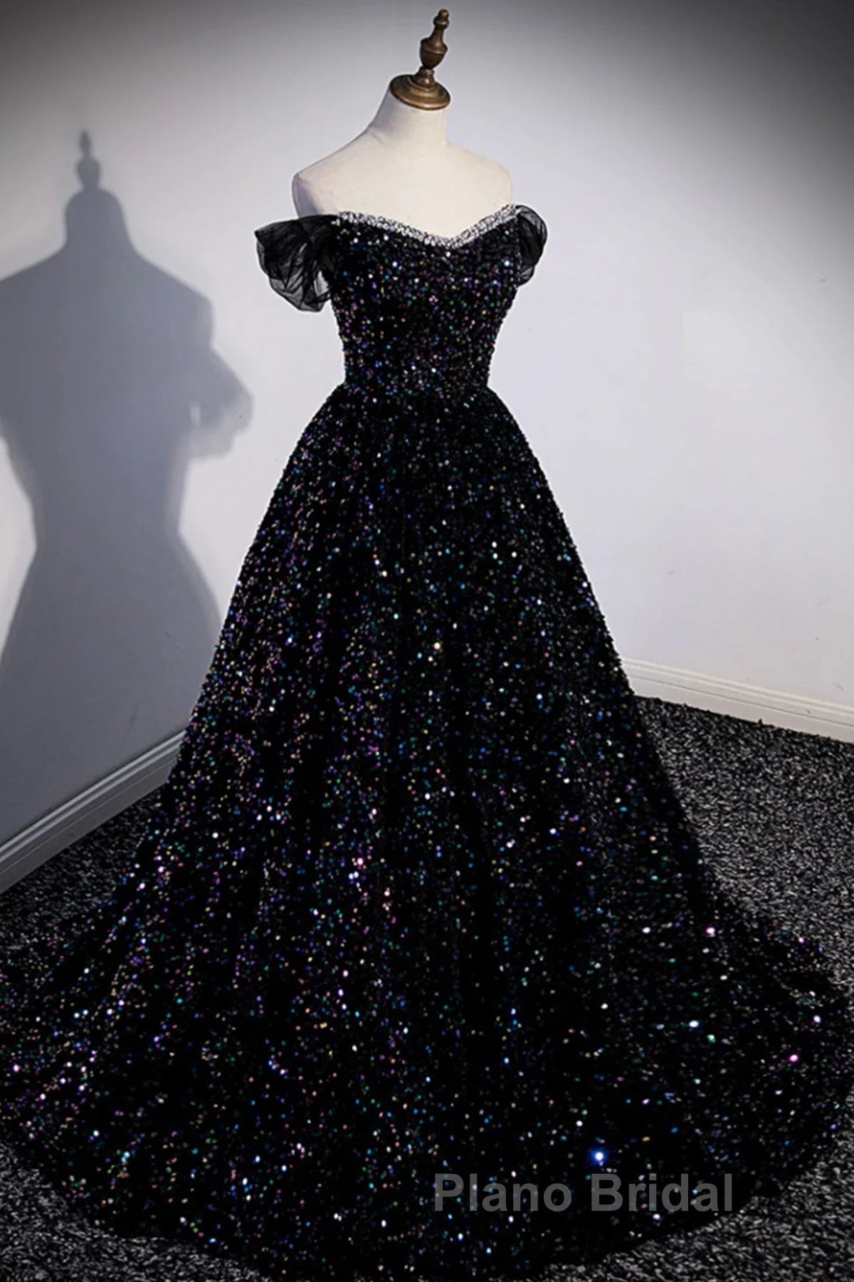Off the Shoulder Black Sequin Formal Prom Dresses, Black Long Formal Evening Dresses