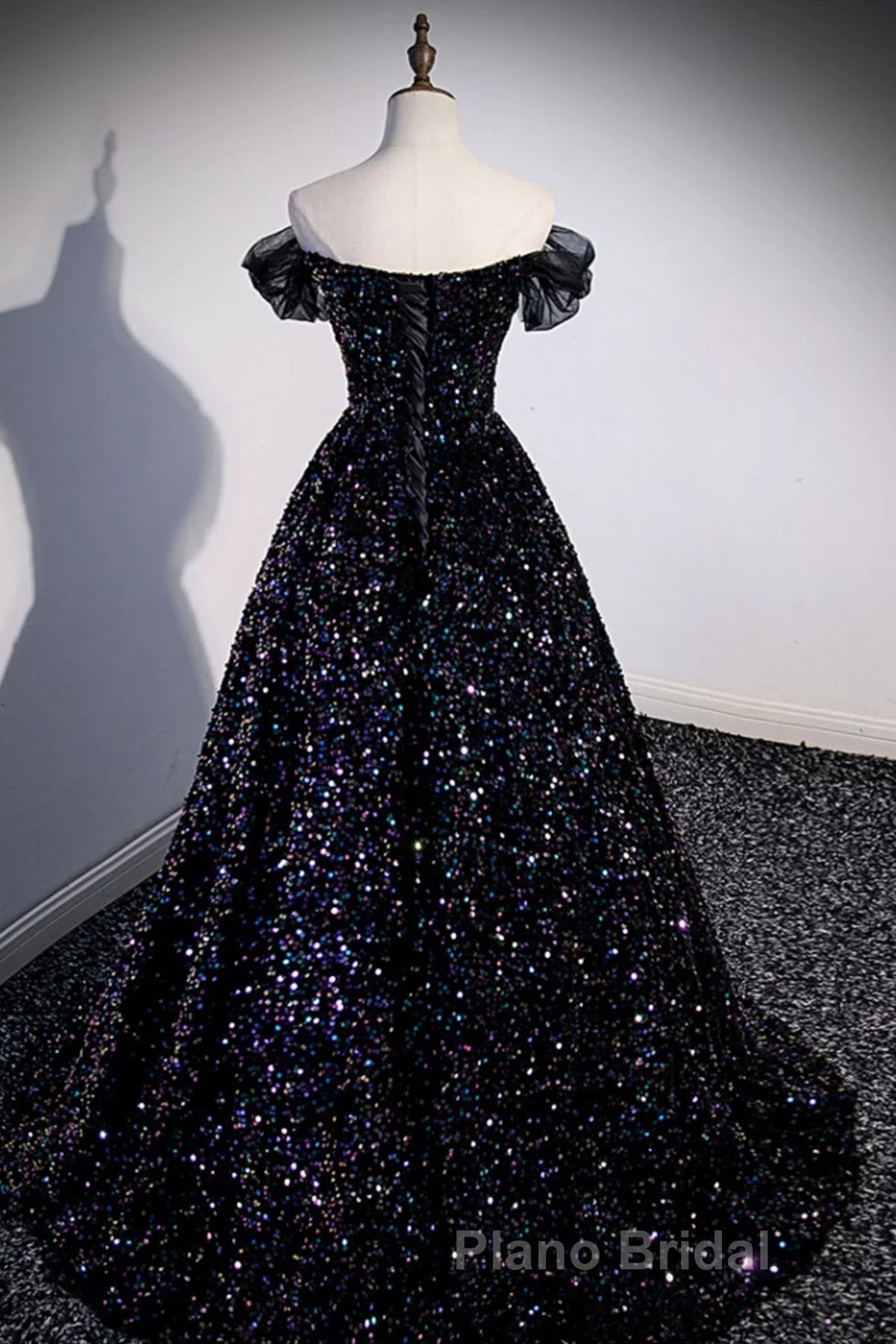Off the Shoulder Black Sequin Formal Prom Dresses, Black Long Formal Evening Dresses