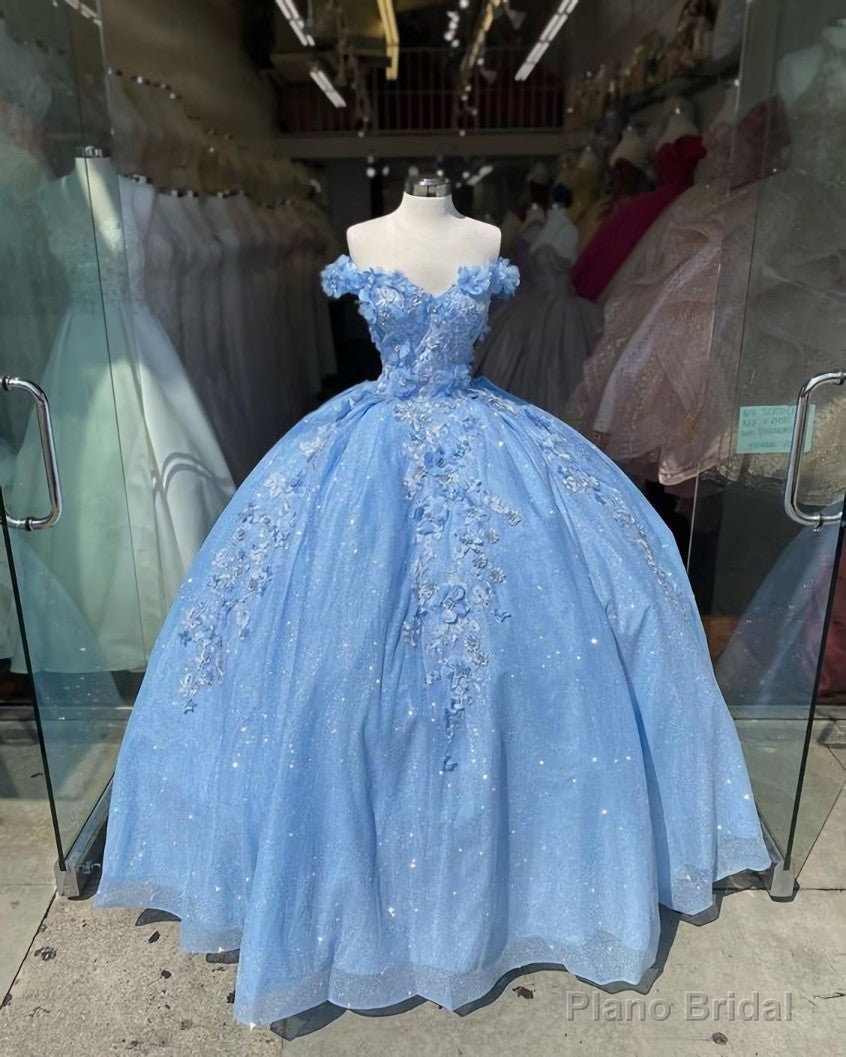 Off the shoulder blue ball gown , sparkly prom dress with flowers Main image