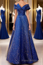 Off the Shoulder Blue Long Formal Prom Dresses, Off Shoulder Long Formal Evening Dresses