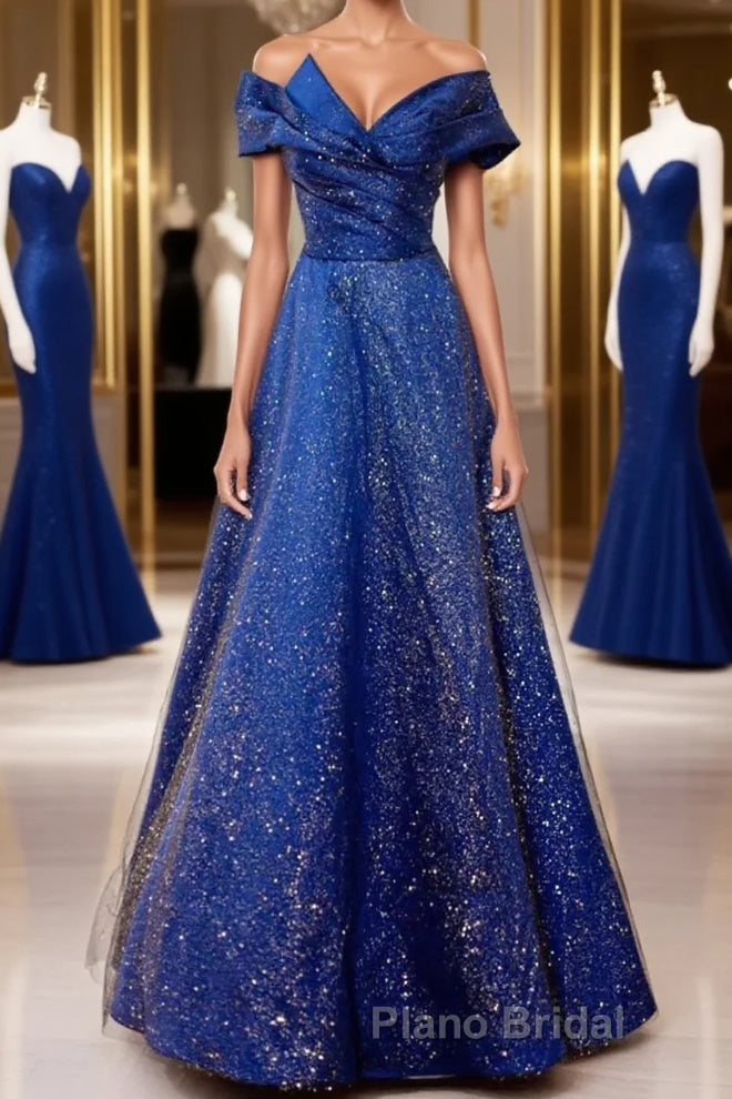 Off the Shoulder Blue Long Formal Prom Dresses, Off Shoulder Long Formal Evening Dresses