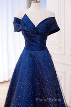 Off the Shoulder Blue Long Formal Prom Dresses, Off Shoulder Long Formal Evening Dresses