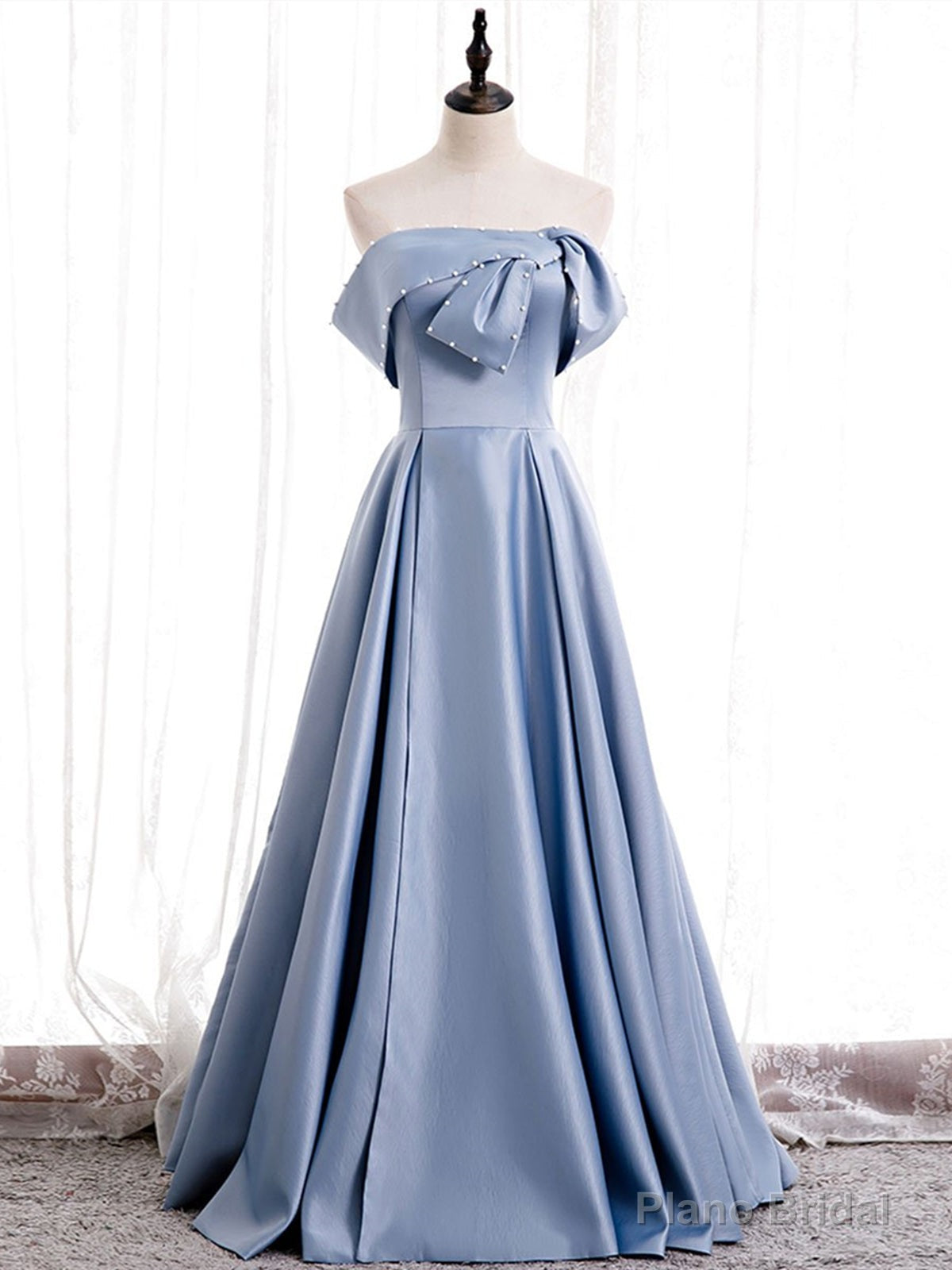 Off the Shoulder Blue Satin Long Prom Dresses, Off Shoulder Blue Formal Evening Dresses Main image