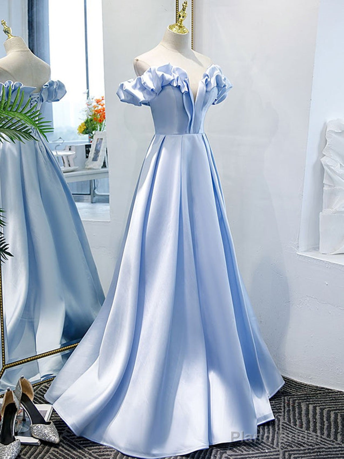 Off the Shoulder Blue Satin Prom Dresses, Sky Blue Off Shoulder Satin Long Formal Graduation Dresses Secondary image