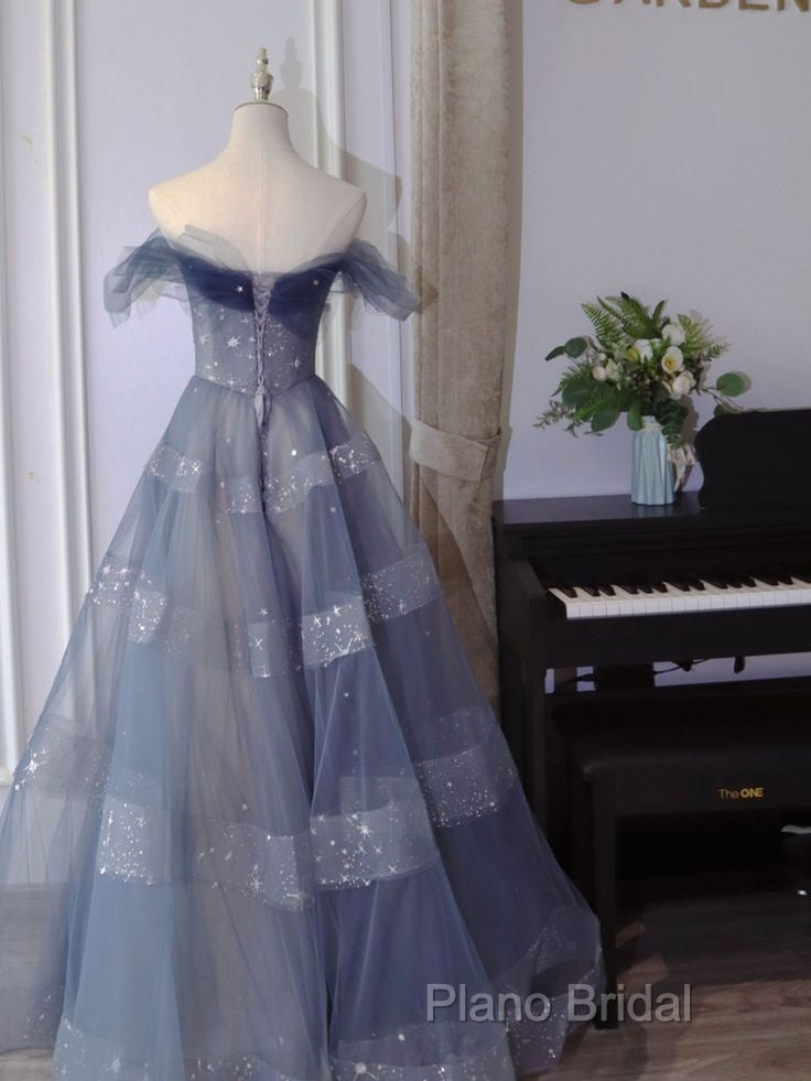 Off The Shoulder Blue Tulle A Line Long Formal Prom Dresses