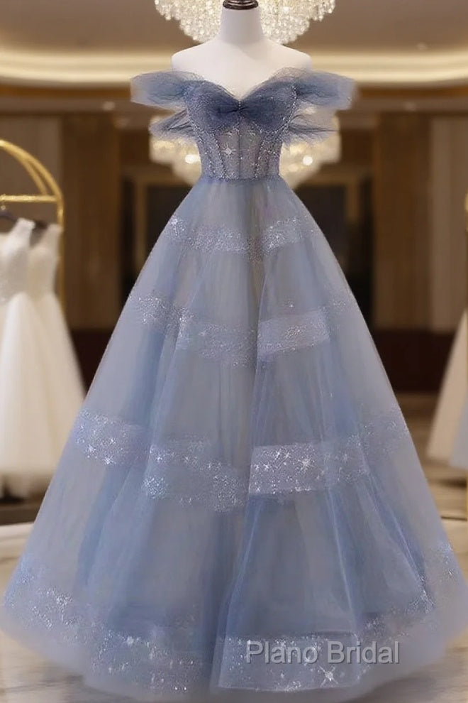 Off The Shoulder Blue Tulle A Line Long Formal Prom Dresses Main image