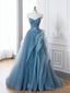 Off the Shoulder Blue Tulle Prom Dresses, Blue Tulle Floral Formal Evening Dresses