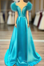 Off The Shoulder Blue V Neck Formal Prom Dresses, Blue V Neck Long Formal Dresses