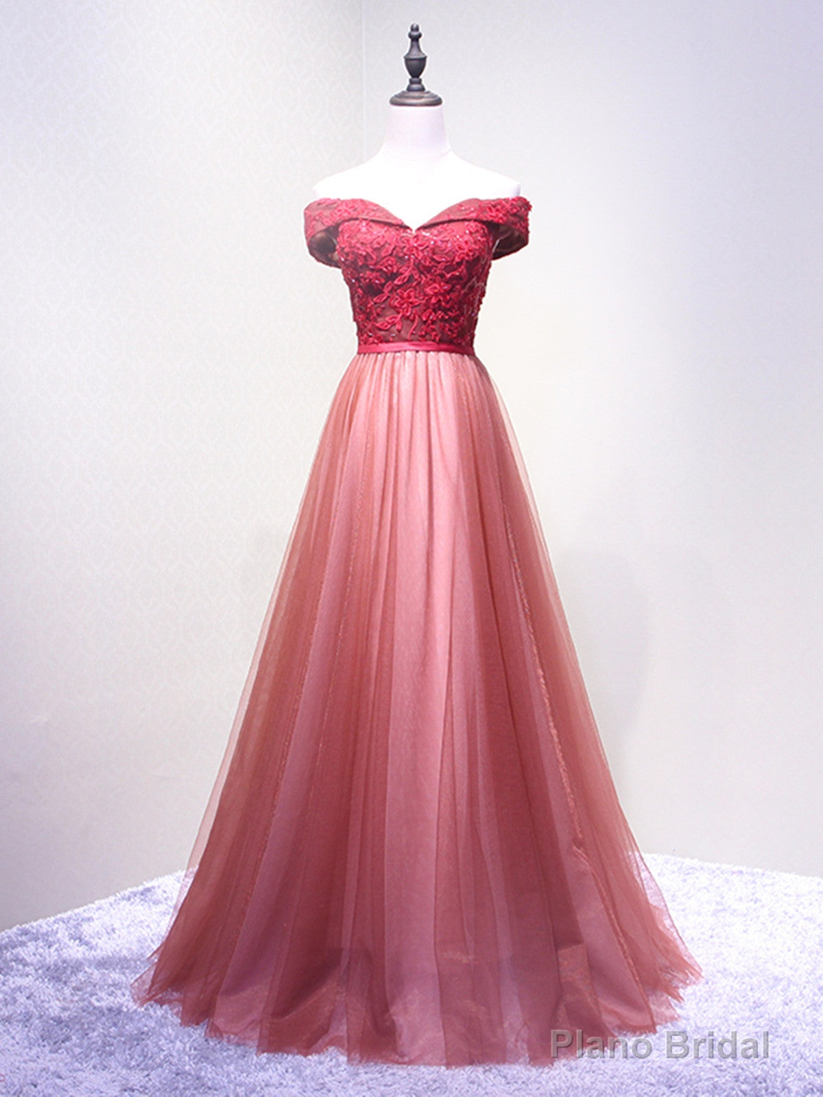 Off the Shoulder Burgundy Gray Lace Prom Dresses, Wine Red Grey Lace Formal Evening Dresses Main image