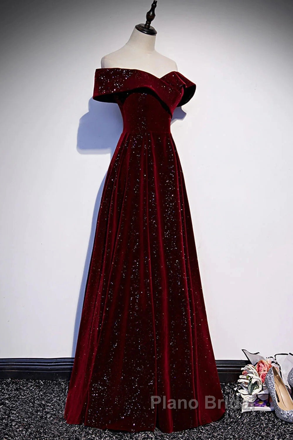 Off The Shoulder Burgundy Long Formal Prom Dresses, Burgundy Off Shoulder Long Formal Evening Dresses Secondary image