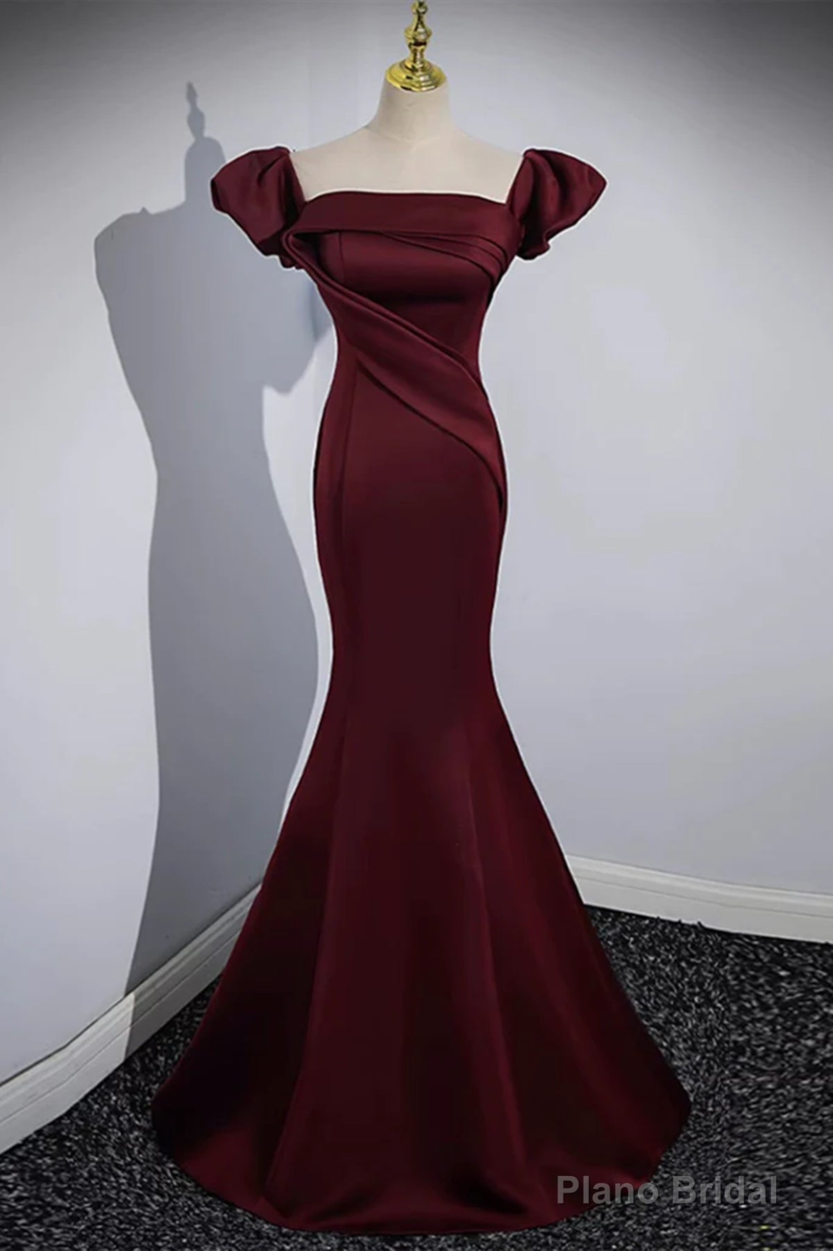 Off the Shoulder Burgundy Satin Long Prom Dresses, Wine Red Mermaid Formal Evening Dresses Secondary image
