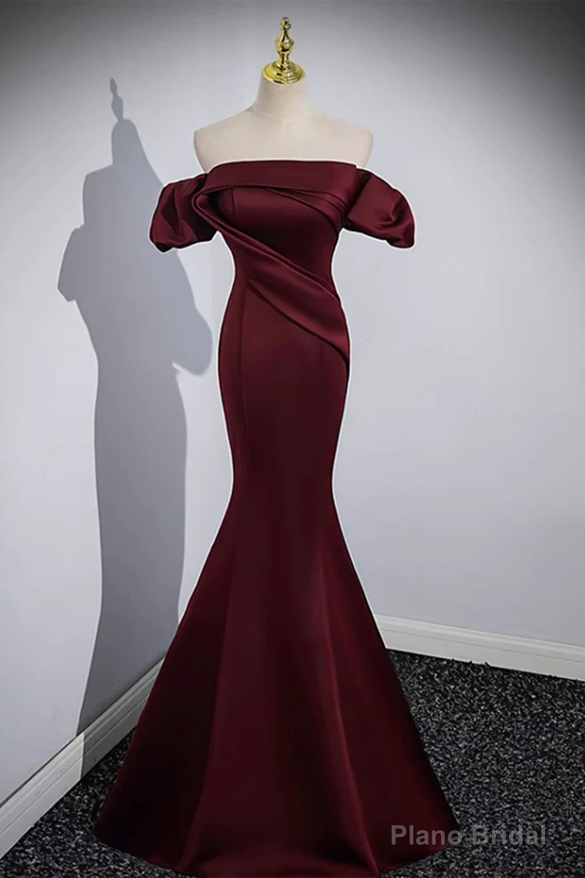 Off the Shoulder Burgundy Satin Long Prom Dresses, Wine Red Mermaid Formal Evening Dresses Main image