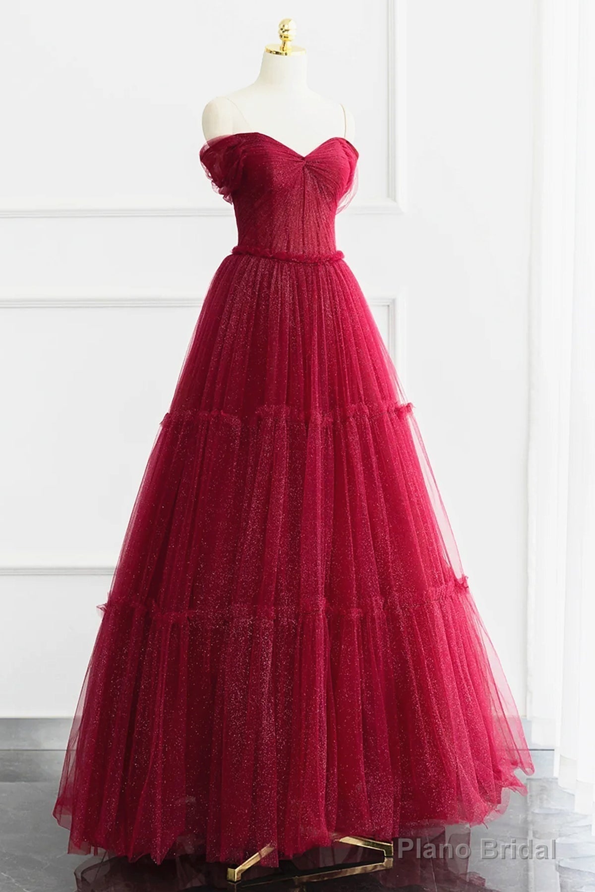 Off the Shoulder Burgundy Tulle Long Prom Dresses, Wine Red Long Tulle Formal Evening Dresses Main image