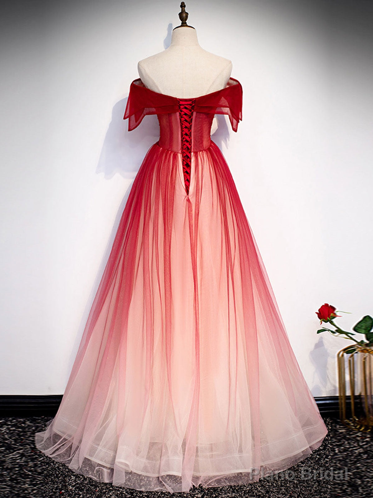 Off the Shoulder Burgundy Tulle Prom Dresses, Burgundy Tulle Formal Graduation Dresses Secondary image