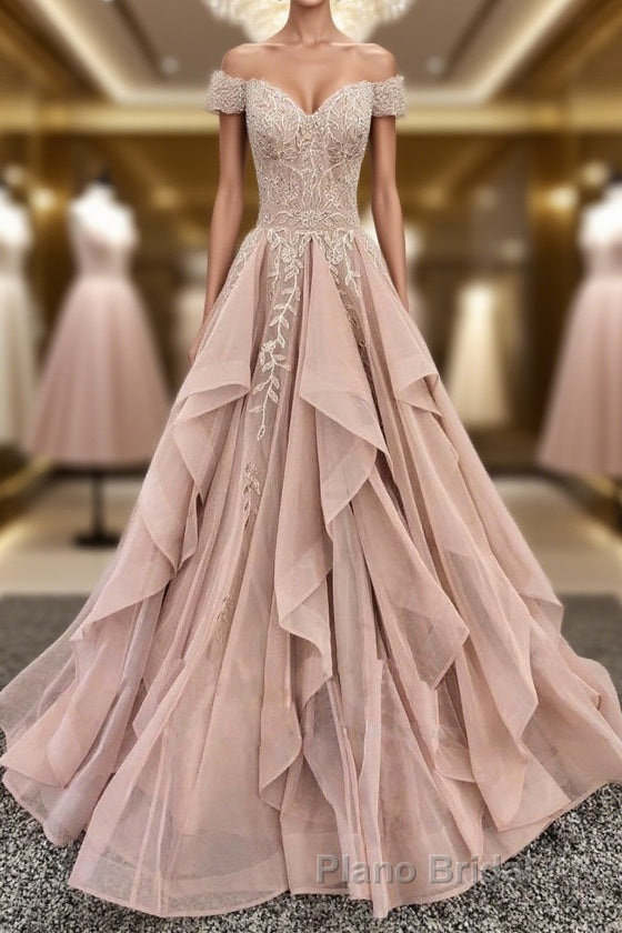 Off the Shoulder Champagne Lace Formal Prom Dresses, Off Shoulder Champagne Lace Formal Evening Dresses