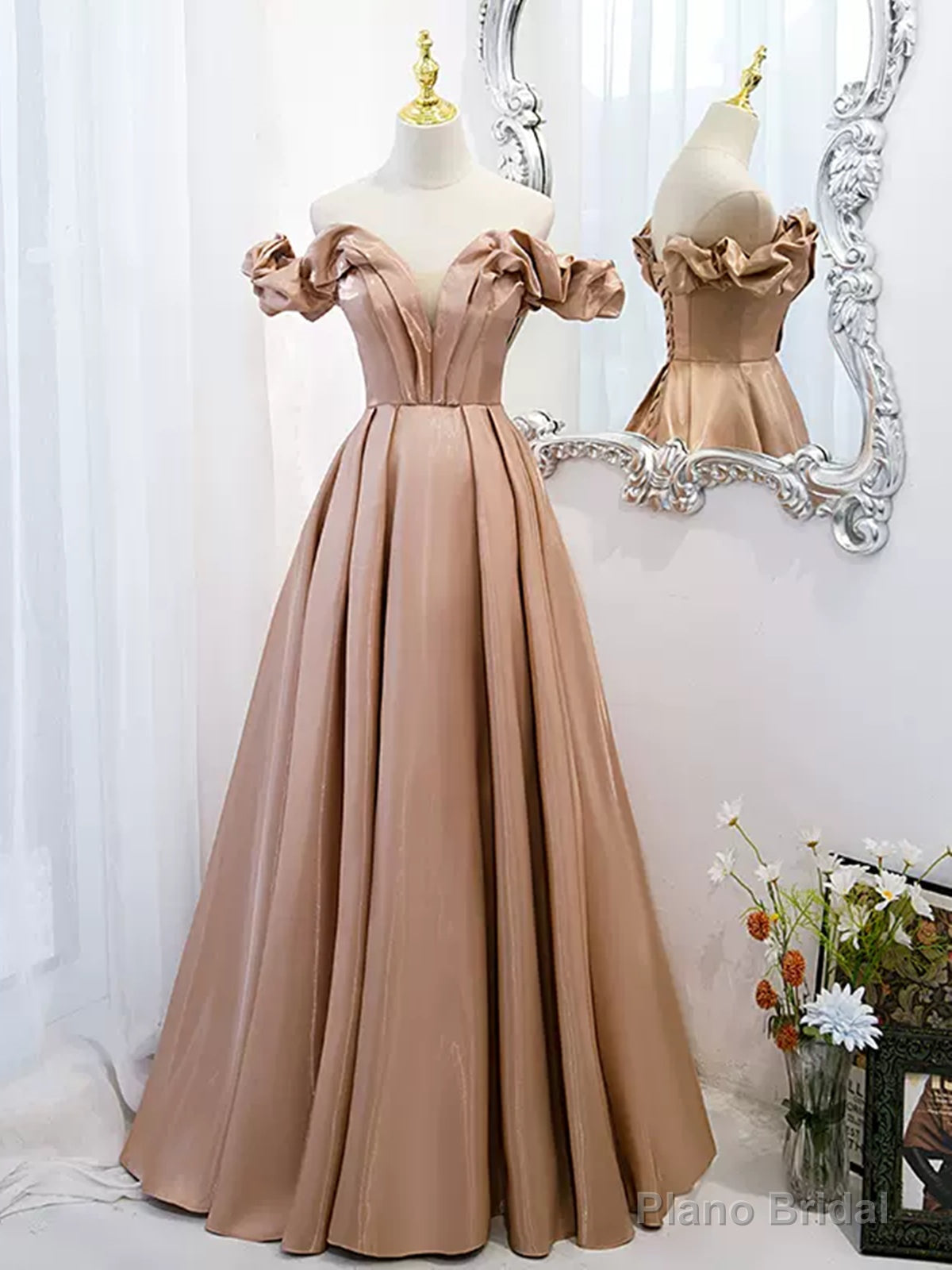 Off the Shoulder Champagne Satin Prom Dresses, Champagne Long Formal Evening Dresses Secondary image