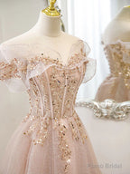 Off the Shoulder Champagne Tulle Lace Prom Dress, Off Shoulder Champagne Lace Formal Dress