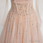 Off the Shoulder Champagne Tulle Long Prom Dresses, Champagne Beaded Tulle Formal Evening Dresses