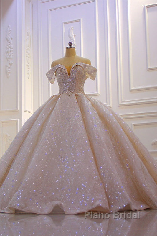 Off the shoulder Champange Puffy ball Gown Sparkle Wedding Dress Secondary image