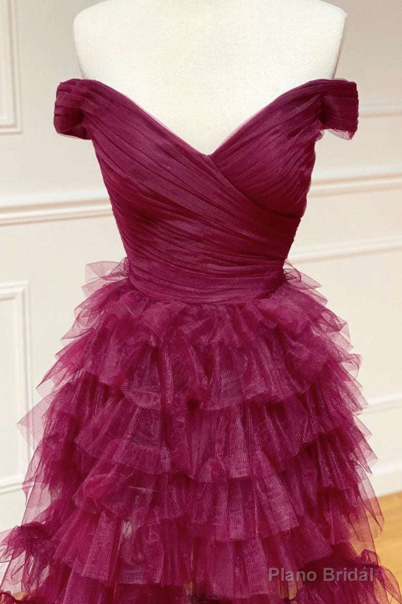 Off the Shoulder Dark Berry Pleated Sheer Tiered Prom Dress Secondary image