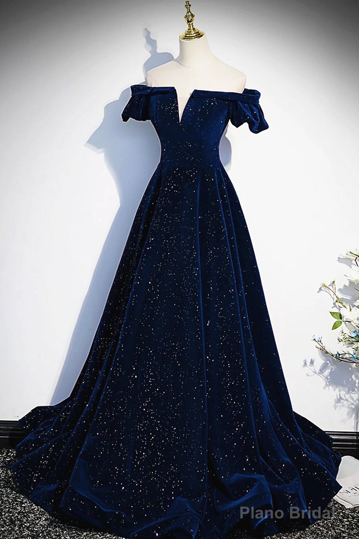 Off the Shoulder Dark Navy Blue Long Prom Dresses, Dark Navy Blue Long Formal Evening Dresses Secondary image