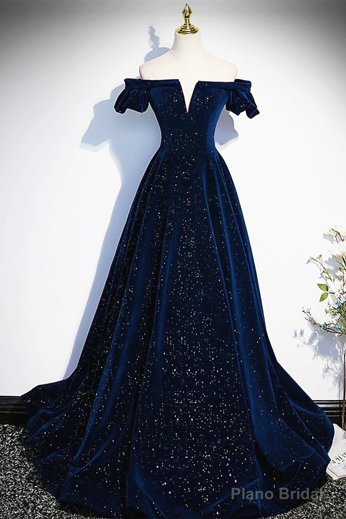 Off the Shoulder Dark Navy Blue Long Prom Dresses, Dark Navy Blue Long Formal Evening Dresses