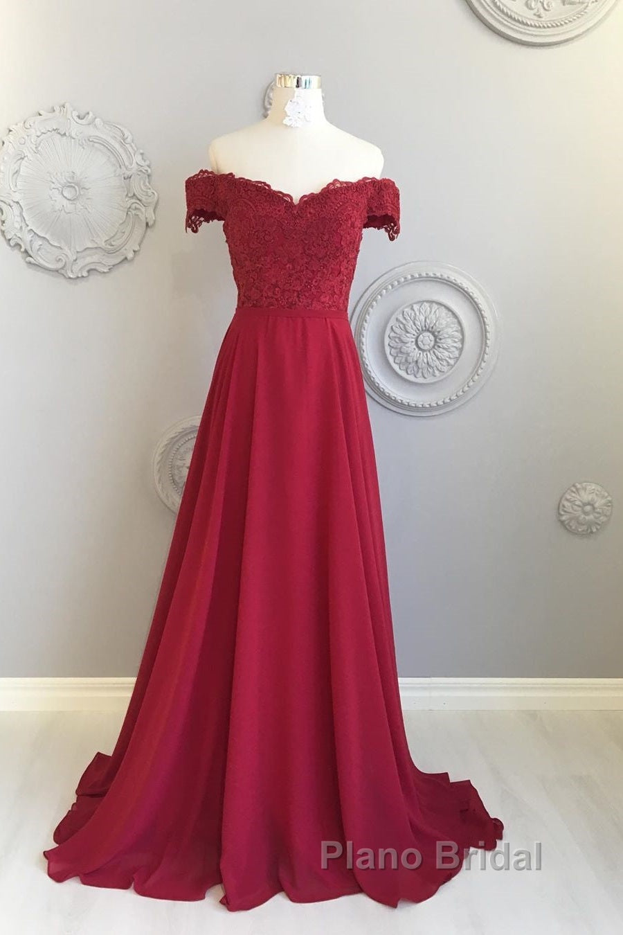 Off The Shoulder Floor Length Burgundy Lace Formal Prom Dresses, Burgundy Off Shoulder Lace Bridesmaid Dresses Secondary image