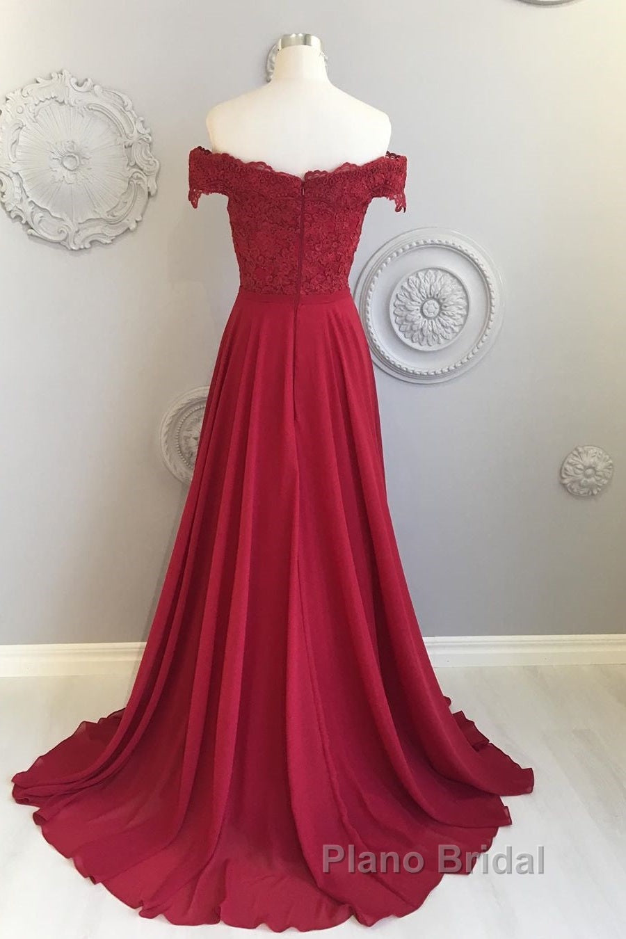 Off The Shoulder Floor Length Burgundy Lace Formal Prom Dresses, Burgundy Off Shoulder Lace Bridesmaid Dresses