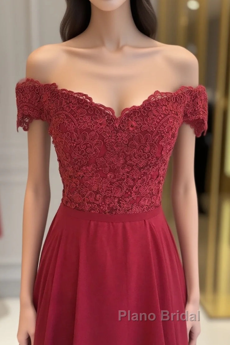 Off The Shoulder Floor Length Burgundy Lace Formal Prom Dresses, Burgundy Off Shoulder Lace Bridesmaid Dresses