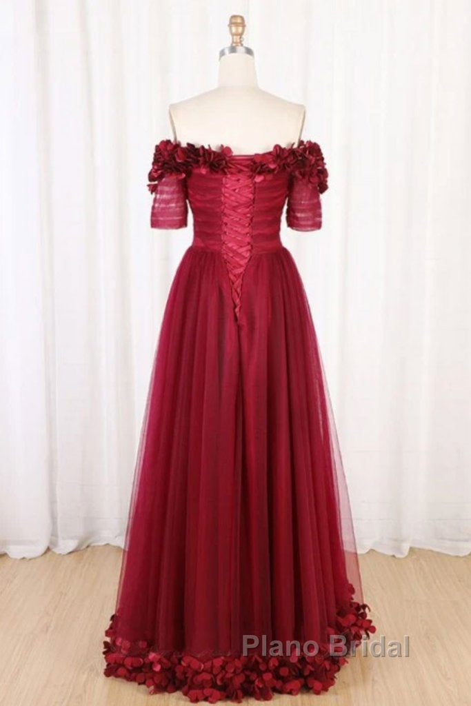 Off The Shoulder Flowers Burgundy Tulle Long Formal Prom Dresses Secondary image