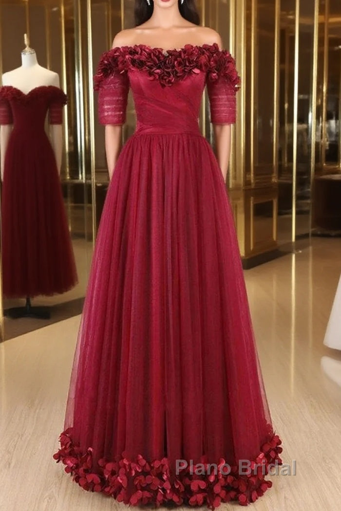 Off The Shoulder Flowers Burgundy Tulle Long Formal Prom Dresses