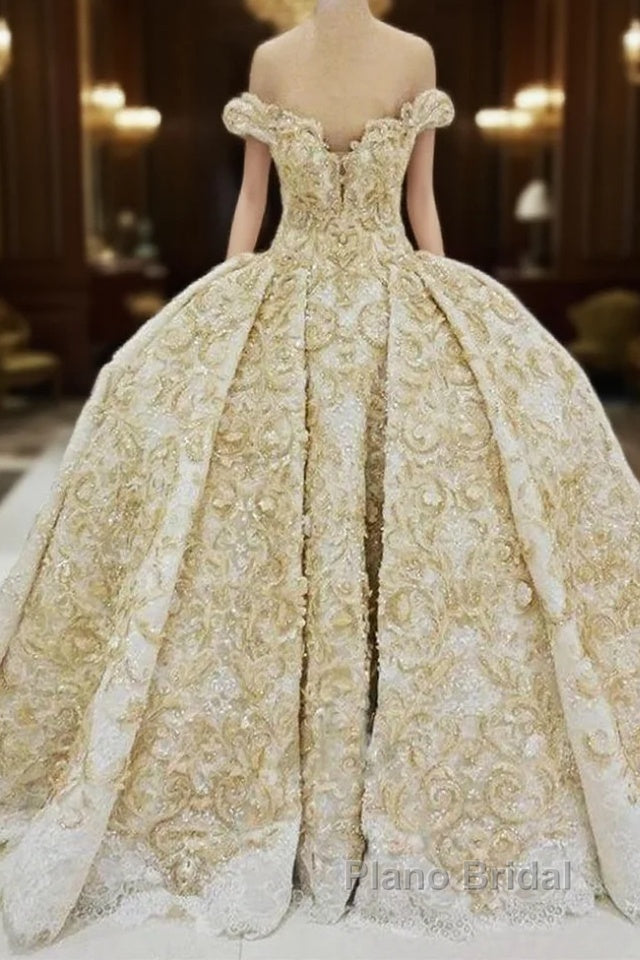 Off the shoulder Golden Lace Appliques Formal Ball Gown Wedding Dress Main image