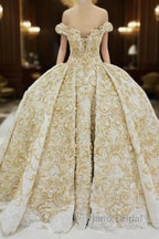 Off the shoulder Golden Lace Appliques Formal Ball Gown Wedding Dress